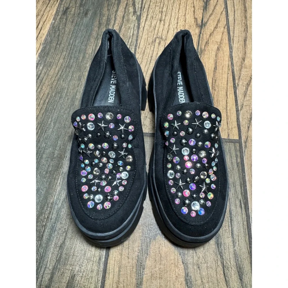 Steve Madden‎ Kids Black Star Studded Platform Loosy Loafers Rhinestone Shoes